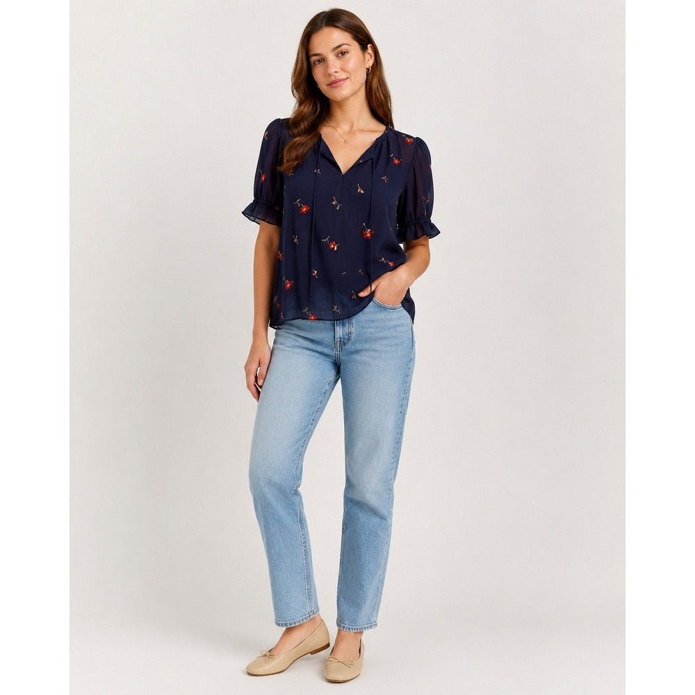 Madewell Top Womens Small Navy Blue Floral Embroidered Polyester Layered Tie